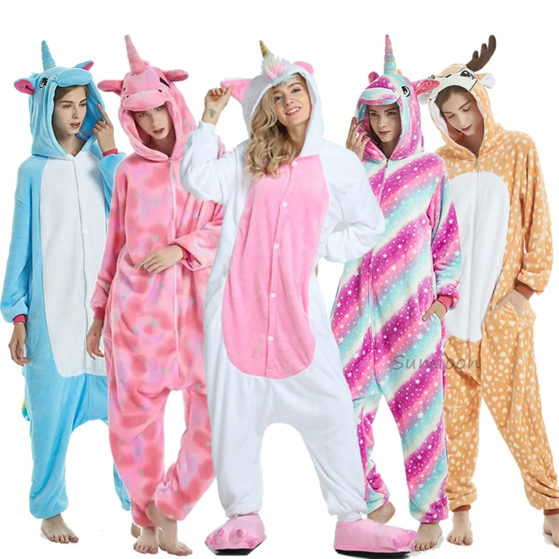 Kigurumi/пижамы для взрослых с изображением животных единорога; женские и мужские зимние фланелевые пижамы унисекс для мальчиков и девочек с изображением панды; пижамы с единорогом