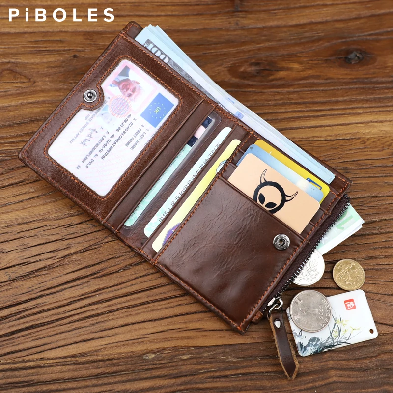 Genuine Leather Men's Wallet Handmade Card Holder Short Wallet With Zipper Coin Pocket Portable Fold Short Wallets