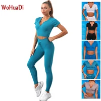 wohuadi sexy women clothes sport set gym fitness workout yoga sportswear zipper crop top t shirt rope high waist leggings tight