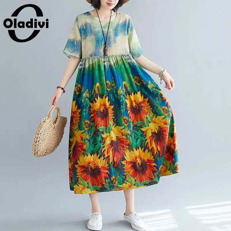 

Oladivi модное платье-миди с коротким рукавом и принтом в виде подсолнухов большого размера, Женская Летняя туника 2021, повседневные свободные з...