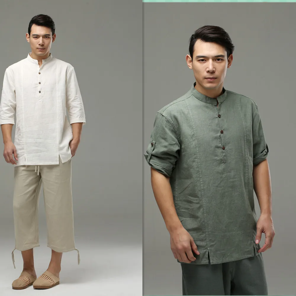 Мужские хлопковые льняные Топы с коротким рукавом в китайском стиле Тан