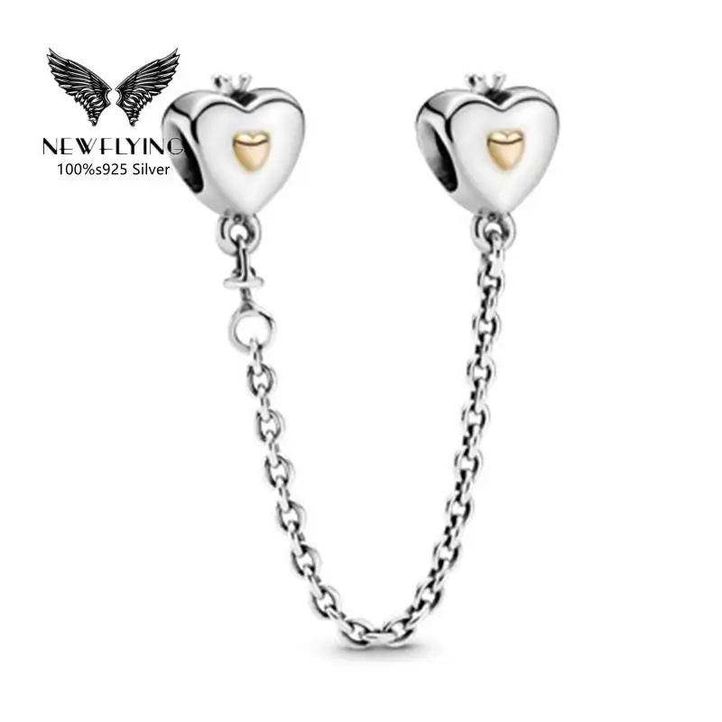 

925 Sterling Silver Heart Crown Safety Chain 14K Gold Love Collection Charm Fit Pandor Bracelet Bangle For Women