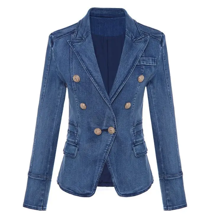Новинка 2019 Модный классический дизайнерский женский синий джинсовый двубортный