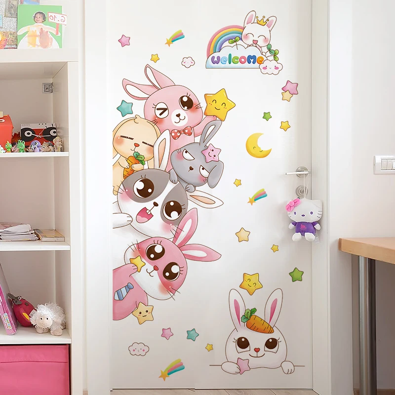 

[SHIJUEHEZI] Rabbits Animals Wall Stickers DIY Cartoon Stars Mural Decals for Kids Room Baby Bedroom House Door Decoration