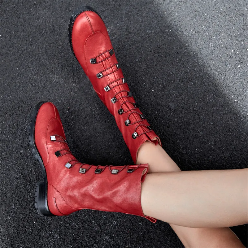 

Meotina Sheepskin Mid Calf Boots Women Natural Genuine Leather Thick Heel Boots Fashion Round Toe Shoes Lady Autumn Red Size 39
