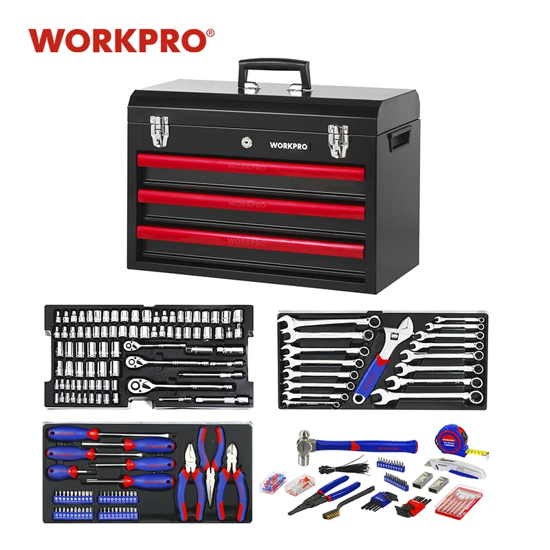 WORKPRO 408-piece Home Tool Set Mechanics Tool Set with 3 Drawer Heavy Duty Metal Box Clearance Promotion