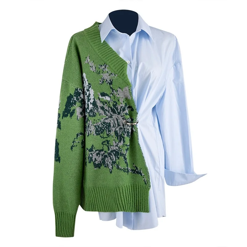 Женская винтажная рубашка из двух частей зеленая вязаная с отложным воротником и