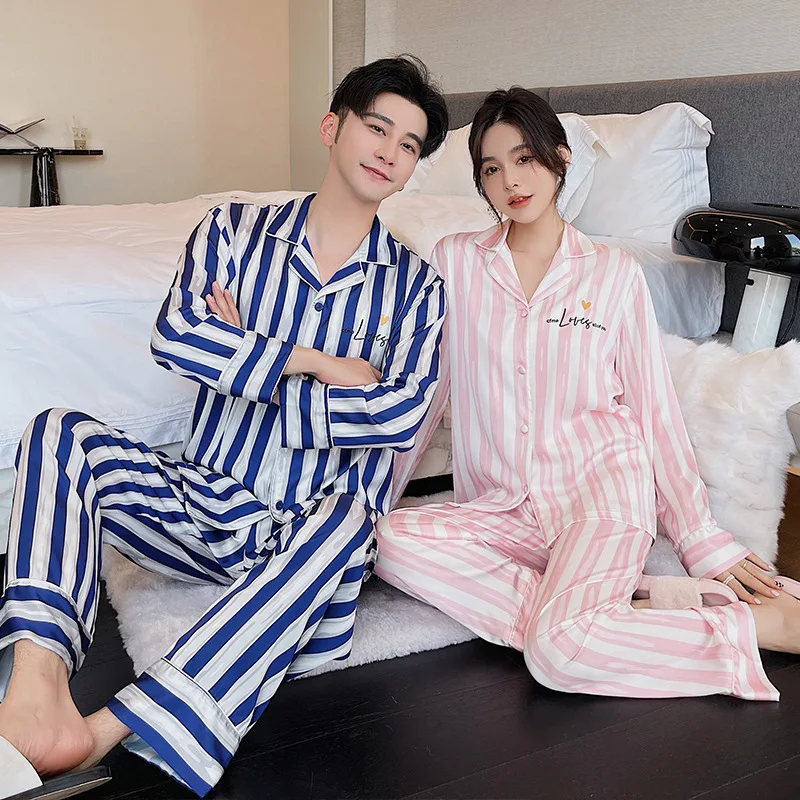 

QSROCIO High Quality Women's Pajamas Set Classic Stripes Print Sleepwear Homewear Men Silk Like Nightwear Luxury Couple Pyjamas