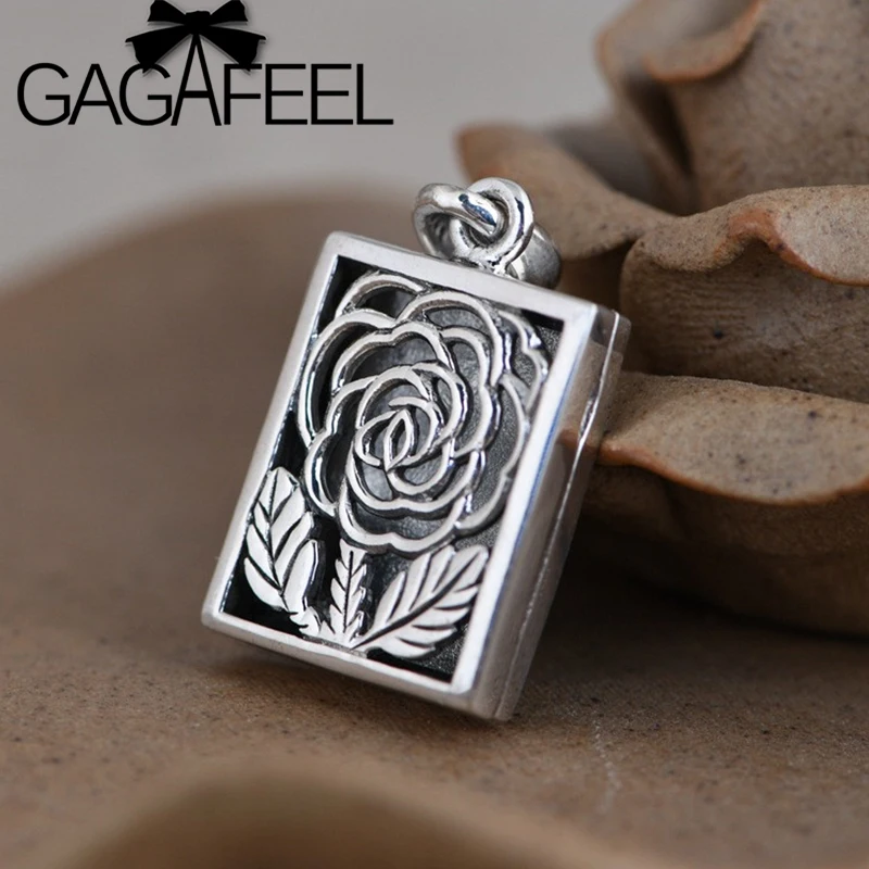 

GAGAFEEL 925 Sterling Silver Retro Craft Aromatherapy Pendants Female Hollow Peony Flower Scripture Gawu Box Pendant Jewelry