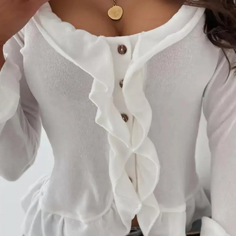 

Women Tops Knitted Shirts Solid Color Ruffles Buttons O-Neck Long Sleeve Thin Shirt Female Tops Soft Comfy Female Clothing