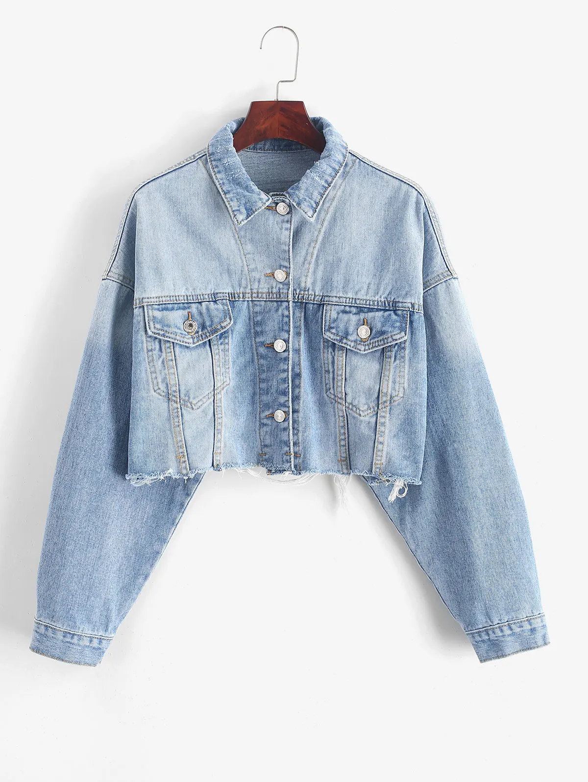 ZAFUL новинка осенняя джинсовая куртка с длинным рукавом заниженным плечом рваная