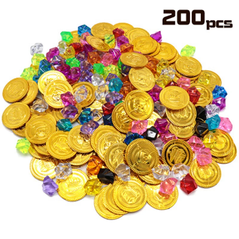 200 штук Пластиковые пиратские золотые монеты поддельные драгоценные камни