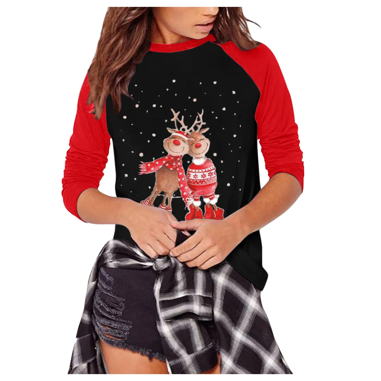 Женский свитер с длинным рукавом круглым вырезом и принтом оленя |