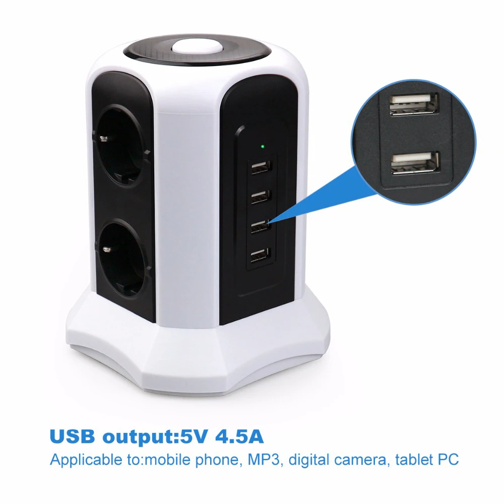 Tower power Strip Вертикальная Защита от перенапряжения 6 выходов ЕС розетка с usb-переключателем защита от перегрузки 2 м удлинитель