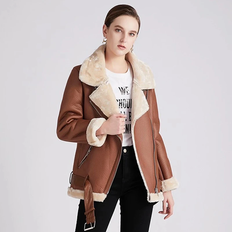 NEW2021 ERQIBA New Women Winter Lambs Wool Parkas Fur Collar Zipper Jacket Warm Thick Outerwear Faux Lamb Leather Coat Moto