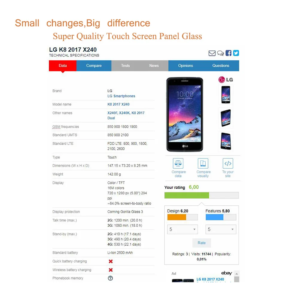 Сенсорный экран для LG K8 2017 Aristo M200N M210 MS210 US215 X240 переднее стекло внешнее объектив