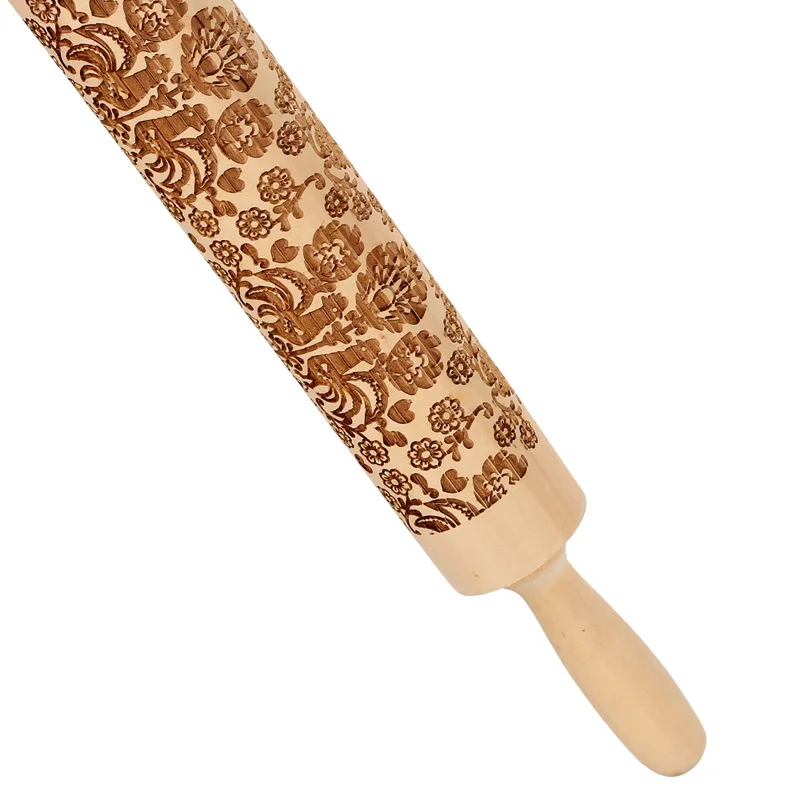 

2021 Hot sale Wooden Rolling Pin for Christmas Embossing with Pattern Fondant Cake Dough Patterned Roller Baking Biscuit Tool