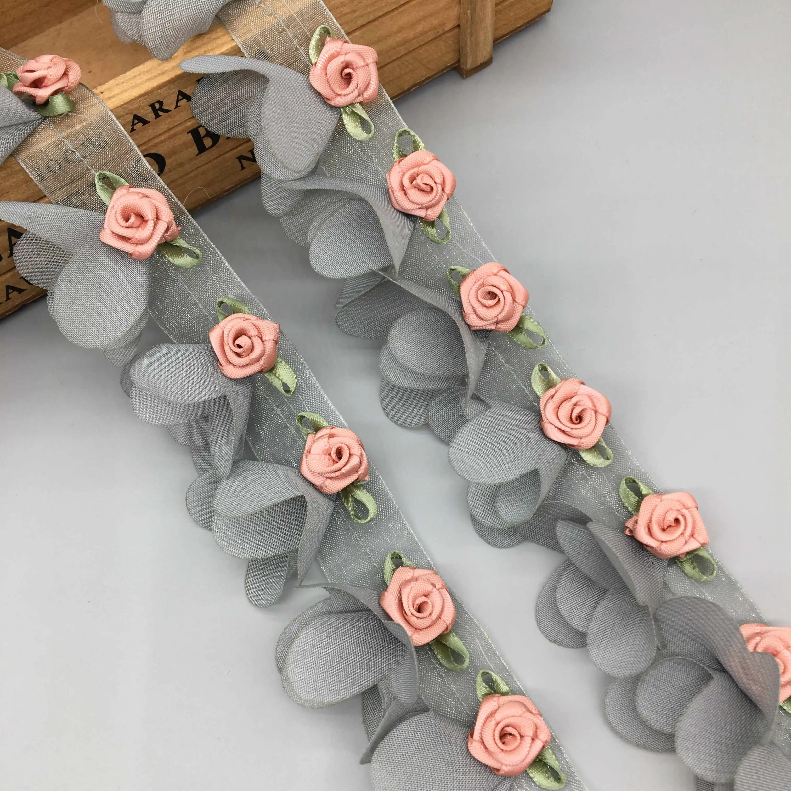 1 ярд 4 см серый жемчуг роза цветок бант вышитый шифон кружевная отделка Лента
