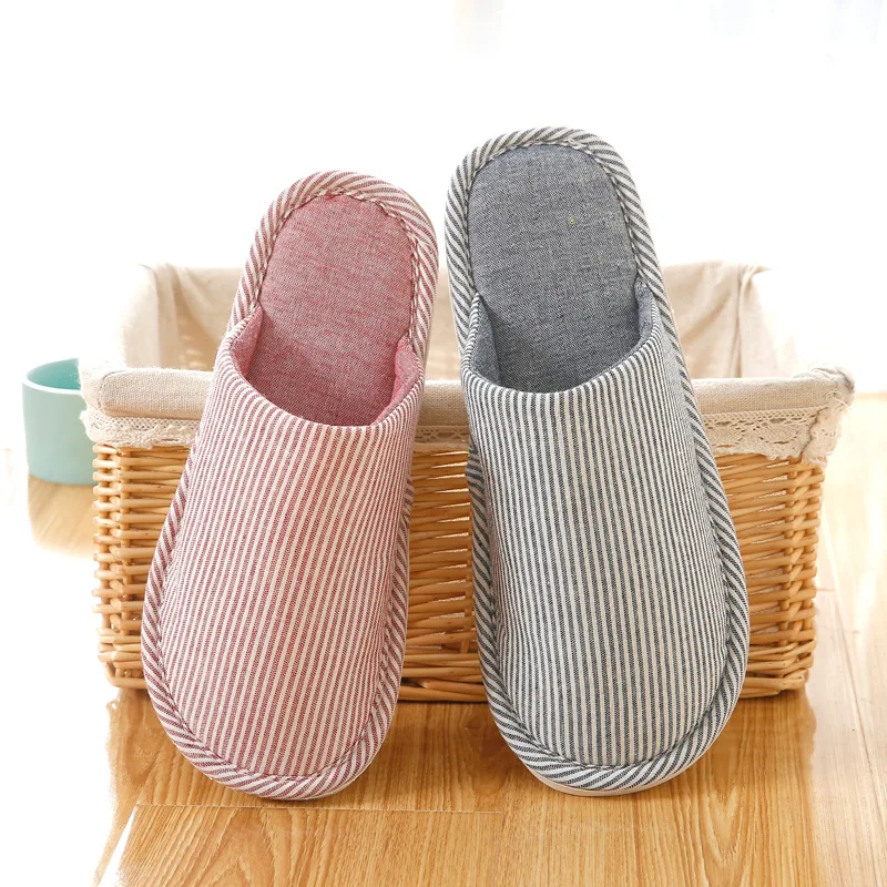 

Women Striped Linen Cotton Slippers Indoor Floor Flat Warm Soft Flip Flops 2021 Winter Autumn Couples Non-Slip House Slipper