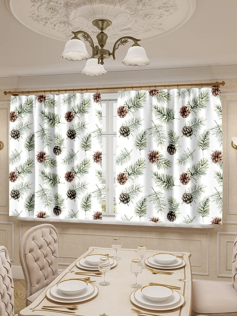 Шторы для кухни LeJoy Home из габардина &quotШишки на елочной ветке белом фоне&quot 180х290