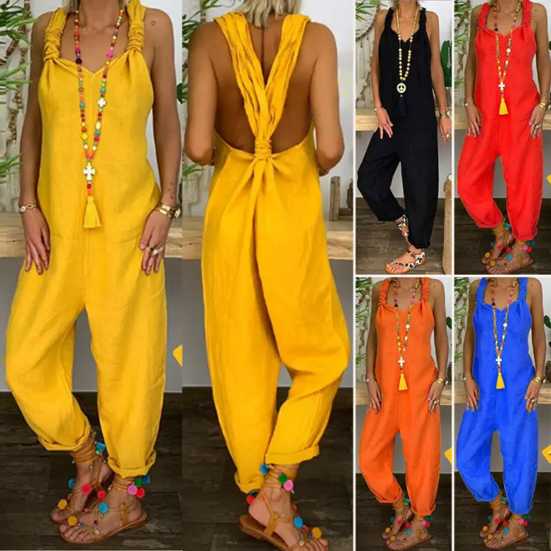 2021 Women Casual Solid Strappy Dungarees Vintage Cotton Linen Loose Rompers Party Long Harem Overalls Jumpsuits |