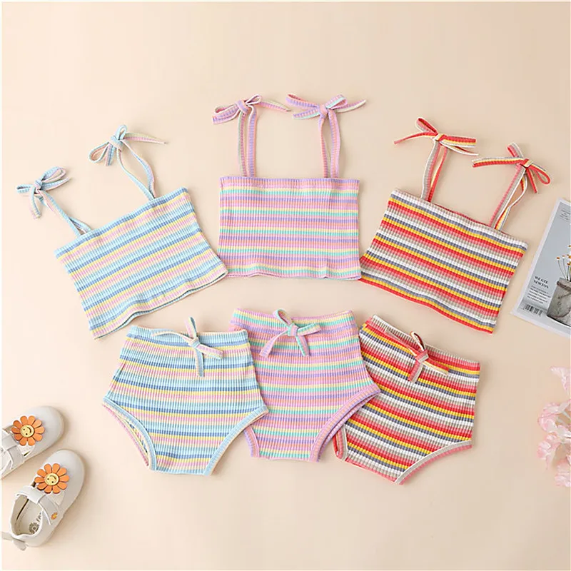 

Toddler Set, Stripe Tied Spaghetti Straps Vest and High-Waist Pantie Suit for Baby Girls, 0-18 Months Girls Summer New Suit