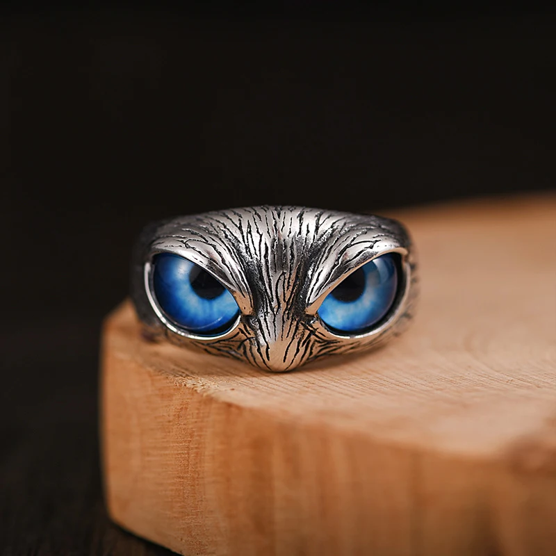 ZABRA Adjustable Owl Ring Vintage Rock 925 Sterling Silver Rings For Men Women Blue Stone Zircon Biker Jewelry Size 8-10.5 | Украшения и