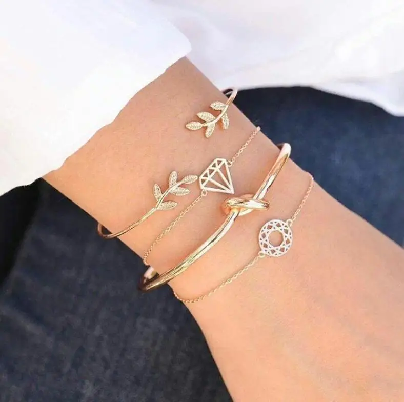 

4 unids/set moda Bohemia hoja nudo redondo brazalete cadena de oro encanto pulsera para mujer Simple pulseras geometric