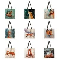 ladies leisure handbags oil painting fox print handbags ladies shoulder bags outdoor beach bags foldable shopping bags