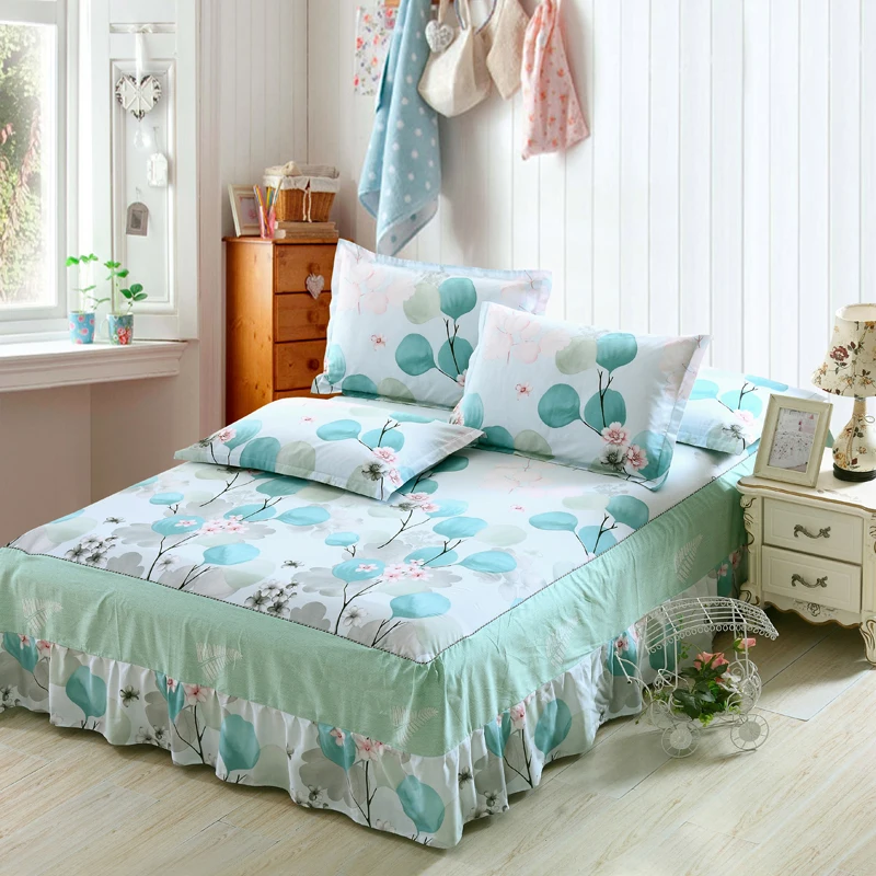 

New flowers print bedspread 100% cotton bed skirt bed sheet bedding bed set full queen king size cartoon pink bed skirt