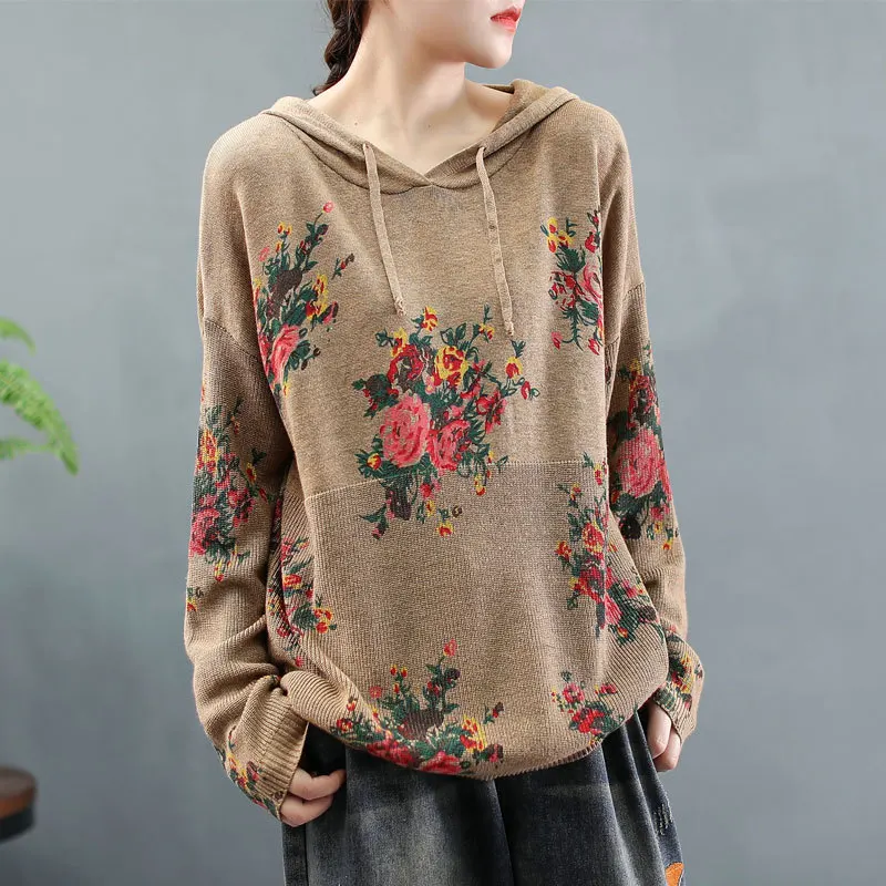 Женский вязаный свитер Max LuLu в китайском стиле с цветочным принтом капюшоном