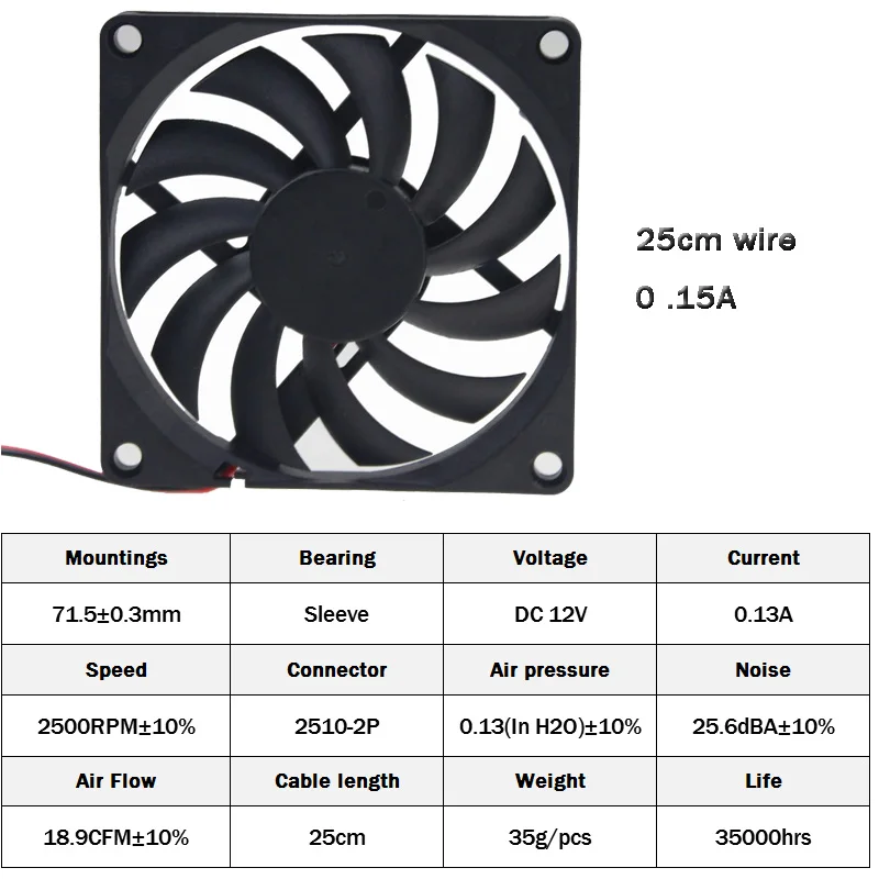 Gdstime 5 шт. 80 мм x 10 8010 2Pin-2510 DC 12 В разъем компьютера CPU охлаждающий вентилятор 80x80x10мм |