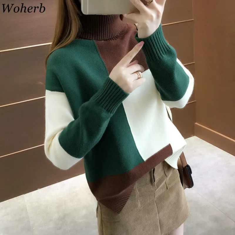 Woherb осенне-зимний свитер с высоким воротником Женская мода Harajuku Patckwork пуловер свитер с длинными рукавами трикотажные свитера Одежда