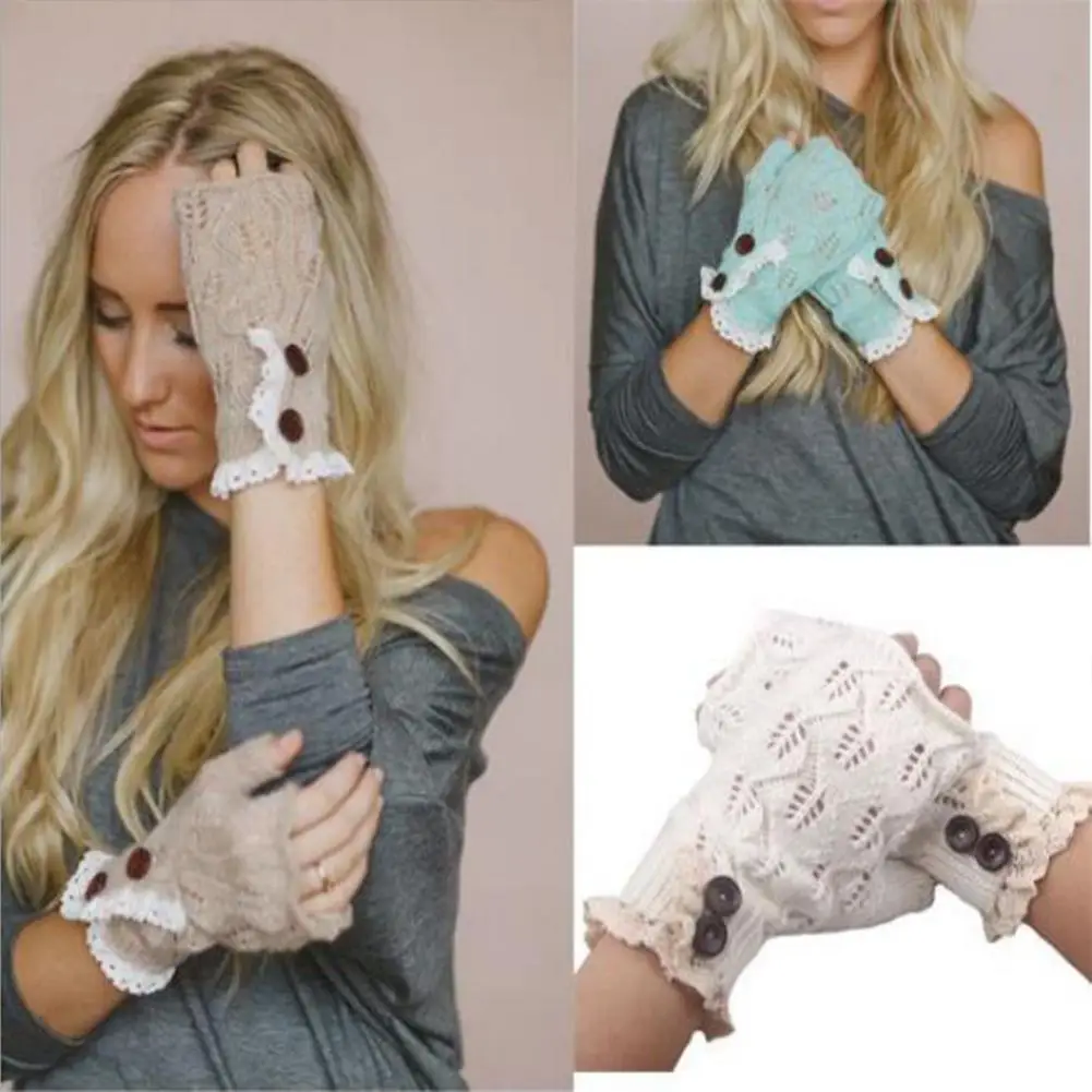 Женские перчатки с кружевными полями и узором в виде листьев теплые вязаные на