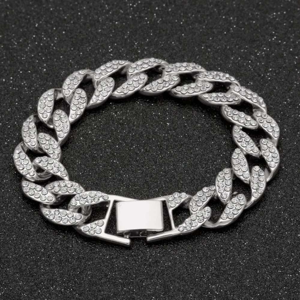 Iced Out 15 мм для женщин Bling полный горный хрусталь США кубинская звено цепи хип хоп браслет золотые серебряные браслеты ювелирные изделия для мужчин