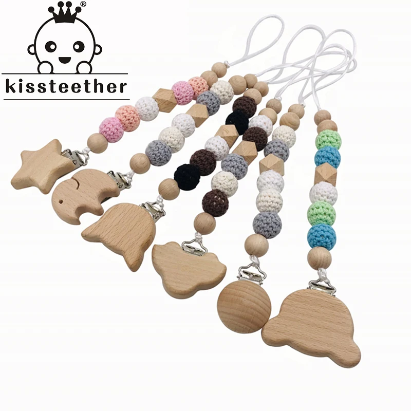 Cadena de chupete para beb&eacute;, mordedor de dentici&oacute;n Natural org&aacute;nico, juguete de agarre, cuentas de haya, mordedor para beb&eacute; reci&eacute;n nacido, regalo DIY para beb&eacute;-0