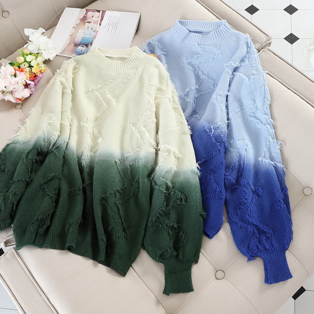 

2019 New Autumn winter Korean loose tassel Striped Sweaters Women Sweet Gradient Color pullovers Slim Elegant Knitted Tops Mw841