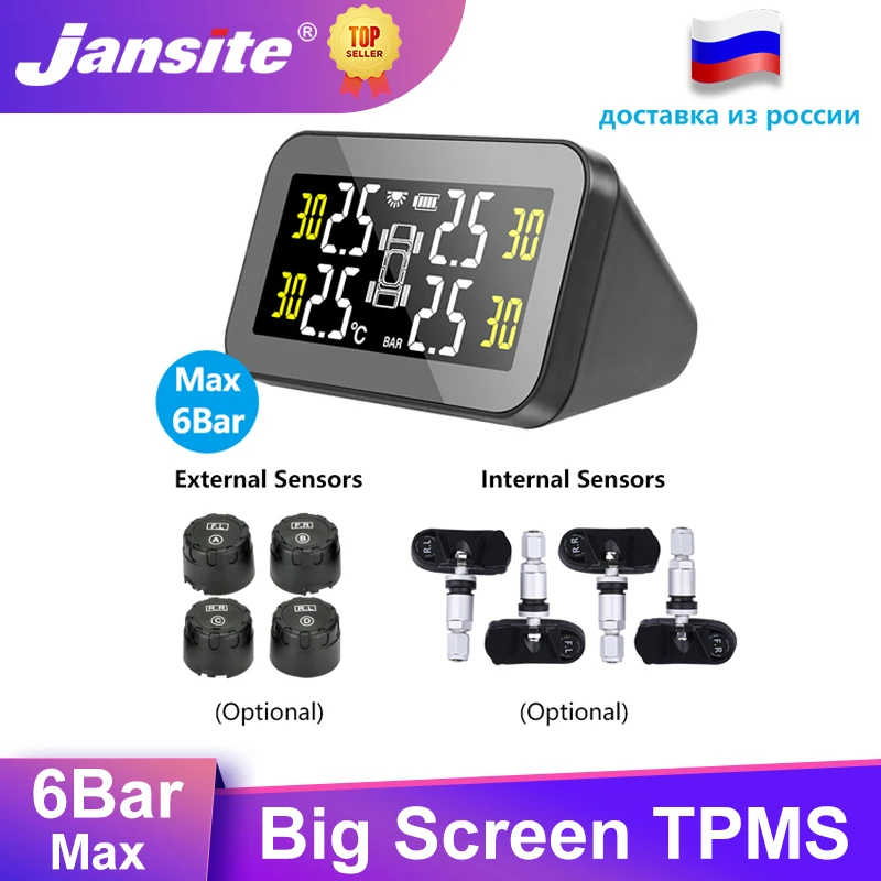 

Система контроля давления в шинах Jansite, цифровой большой экран с датчиками давления в шинах, зарядка через USB, Предупреждение о давлении, мак...