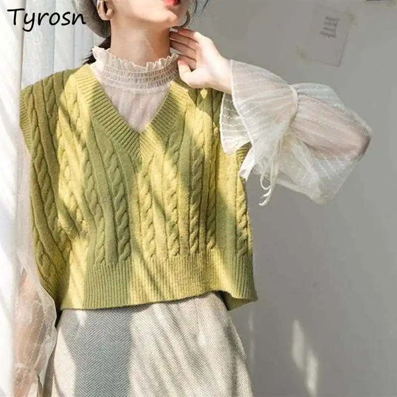 

Women Solid Sweater Vests V-neck Twist Knitting Elegant Tender Temperament Crop Tops Preppy Style Sweet Hot Teens Retro Jumpers