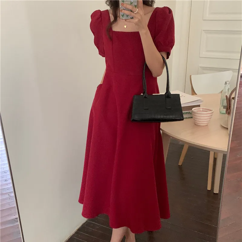 

Винтажное платье-трапеция Hzirip с квадратным вырезом, тонким пышным рукавом, однотонное, лидер продаж 2021, нежное, летнее, модное, универсально...