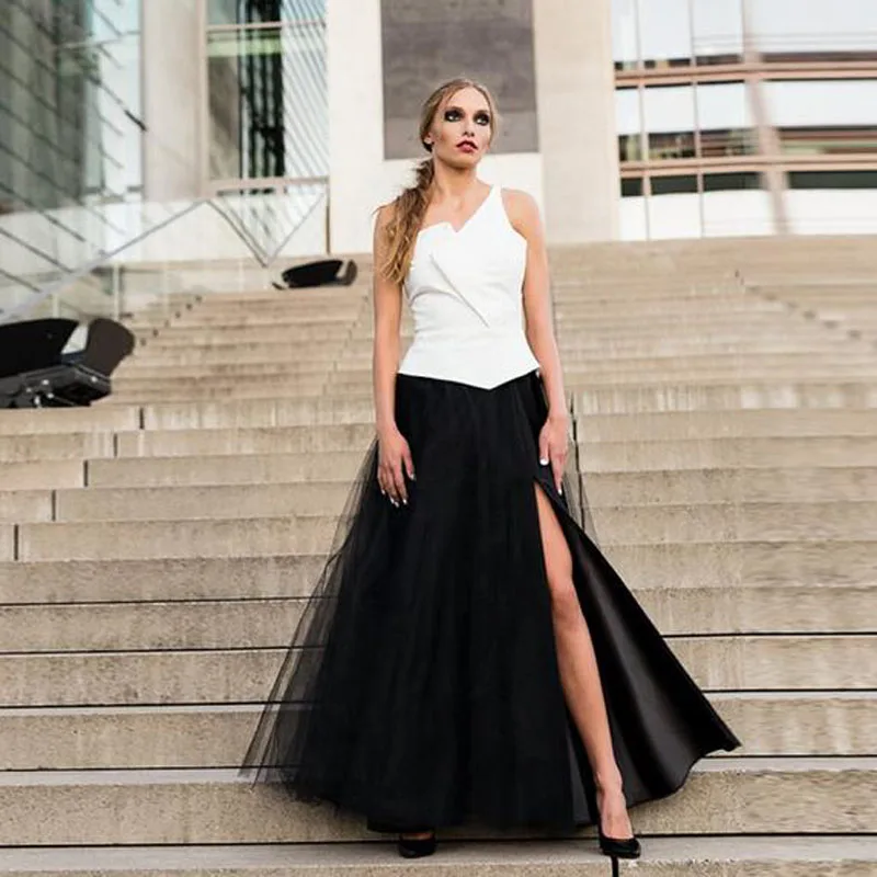 

Side Slit Long Tulle Skirts Womens Zipper Waist Floor Length Black Tutu Maxi Faldas Jupe Saia Longa Custom Fashion Gowns Formal
