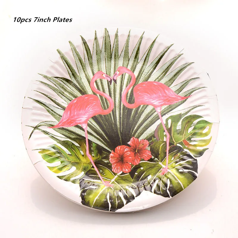 10pcs 7inch plate Гавайская летняя одноразовая посуда для дня рождения Фламинго Пальмовые Листья бумажная салфетка под тарелку кружку тропические Свадебные вечерние мероприятия - Цвет: 10pcs 7inch plate