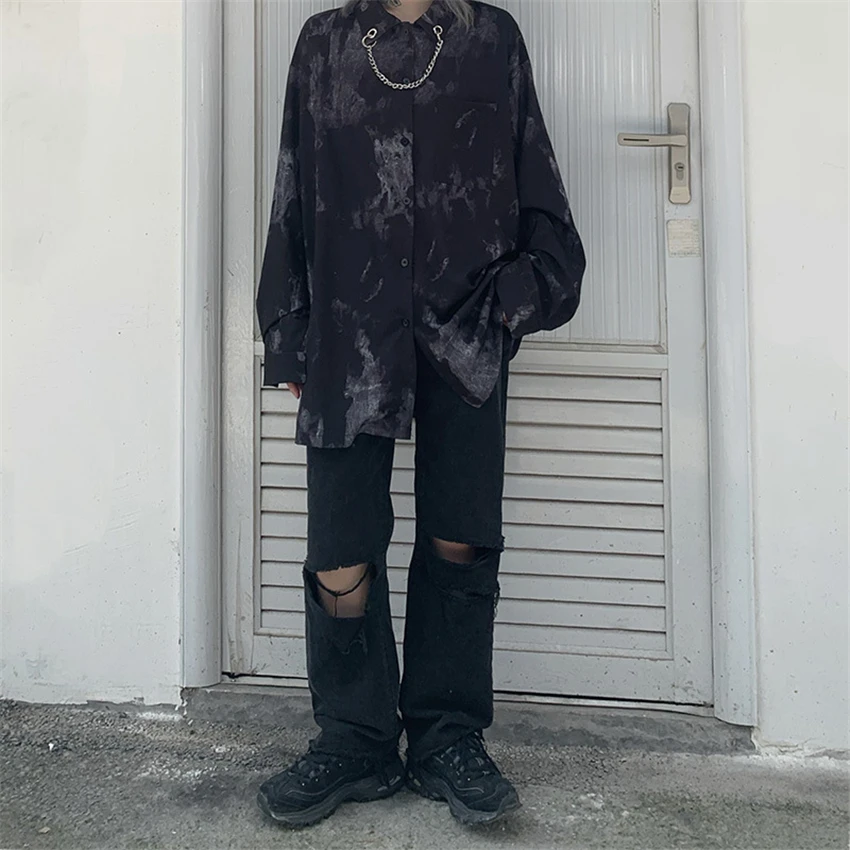 

Blouse Women Long Sleeve Black Tie Dye Shirt Harajuku Oversized Girls Gothic Top Autumn Punk Clothes Loose Style Streetwear
