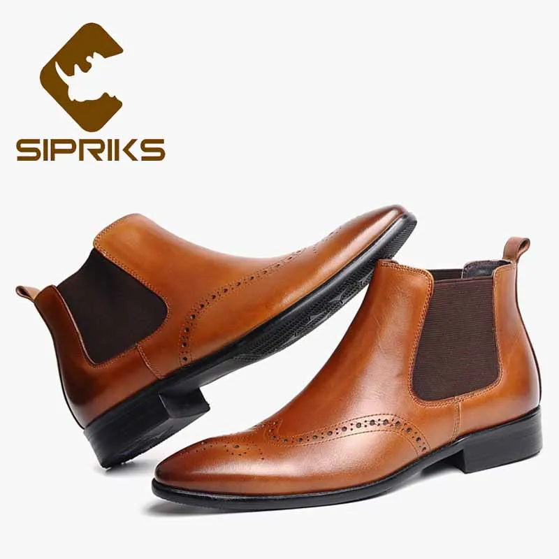 

Sipriks Mens Chelsea Boots Vintage Wingtip Dress Boots Genuine Leather Brown Black Cowboy Boots Slip-On Casual Shoes Rubber Sole