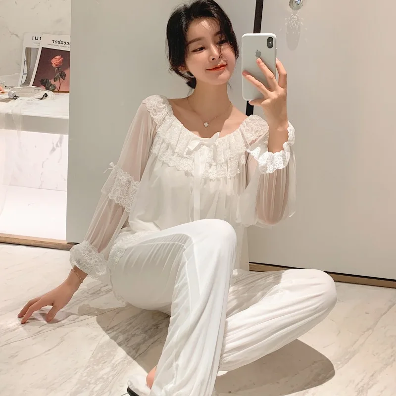 

White Spring New 2PCS Pajamas Suit Lace Female Homewear Cotton Intimate Lingerie Princess Stylr Sleep Set Nightwear Pyjamas