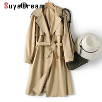 suyadream women sashes trenchs cotton khaki black trench coat 2021 office chic autumn winter coat