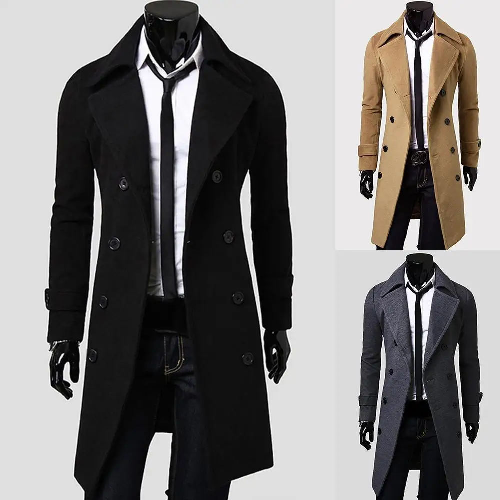

Модное пальто, мужское шерстяное пальто, зимнее теплое однотонное длинное пальто-Тренч, куртка, двубортное деловое повседневное пальто, пар...