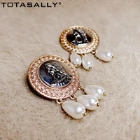 totasally retro chic earrings woman vintage virgin mary coin simulated pearl dangle earrings lady statement jewelry for party