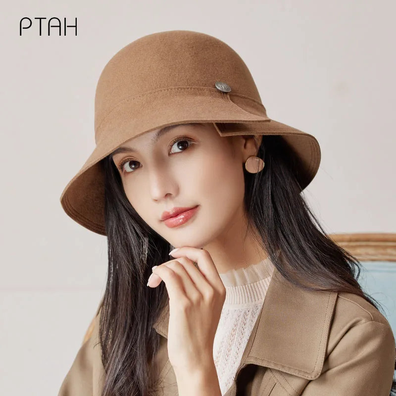 

[PTAH] Woolen Fedoras Hats For Women Temperament Church Elegant Hats Autumn Winter Caps Ladies 100% Australian Wool High Quality