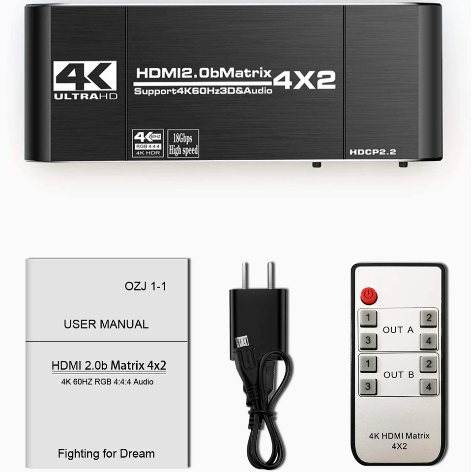 

2020 HDMI Matrix 4x2 4K @ 60Hz HDR Switch Splitter 4 in 2 out YUV 444 Optical SPDIF + 3.5mm jack Audio Extractor HDMI Switcher